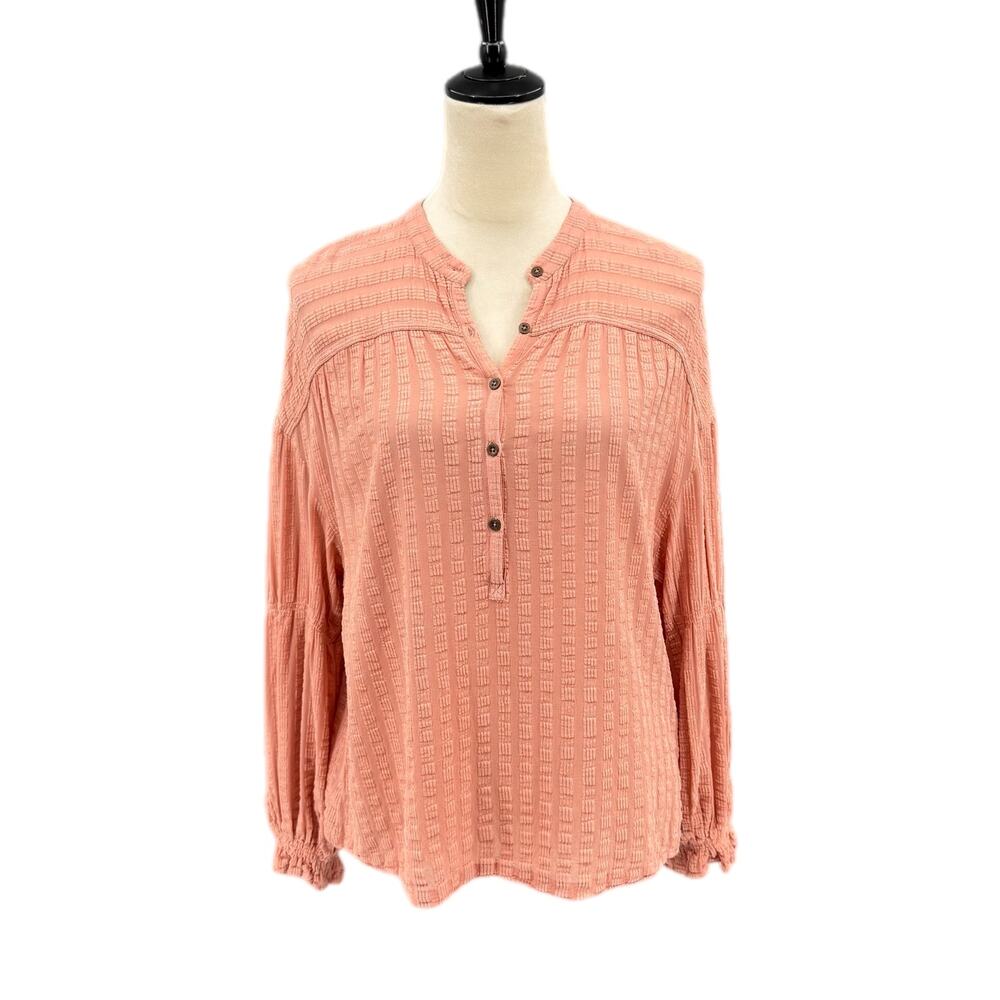 Anthropologie Romy Textured Stripe Half Button Pink Long Sleeve Peasant Blouse